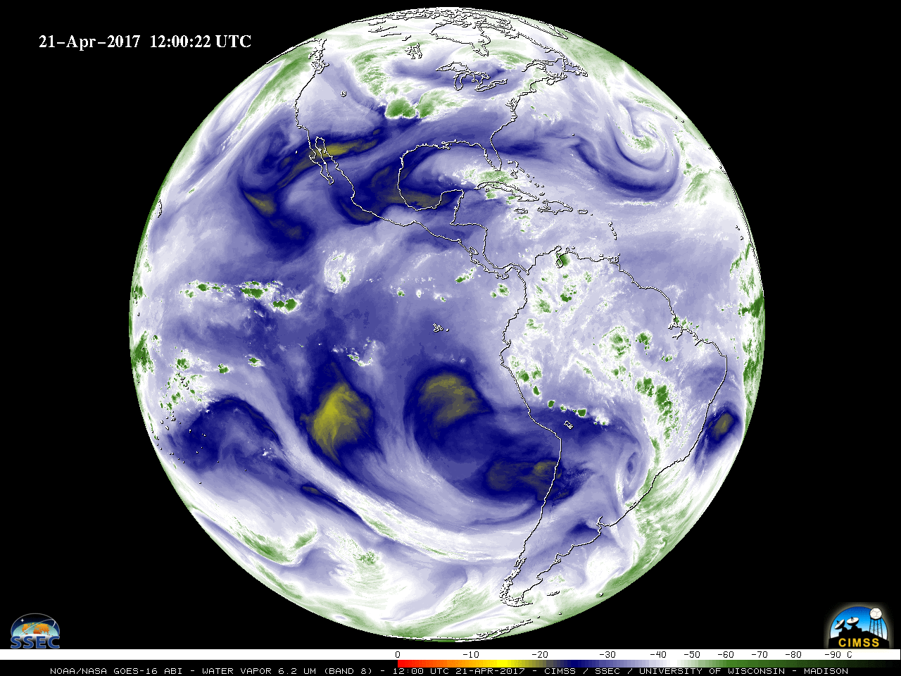 GOES-16 Upper-Level Water Vapor (6.2 µm) images [click to play animation]