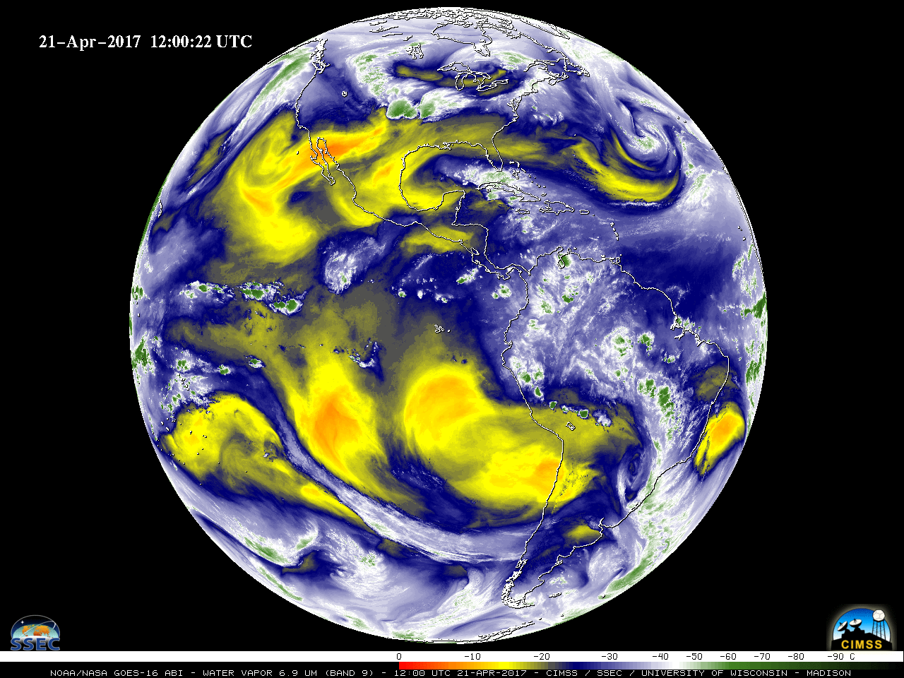 GOES-16 Mid-Level Water Vapor (6.9 µm) images [click to play animation]