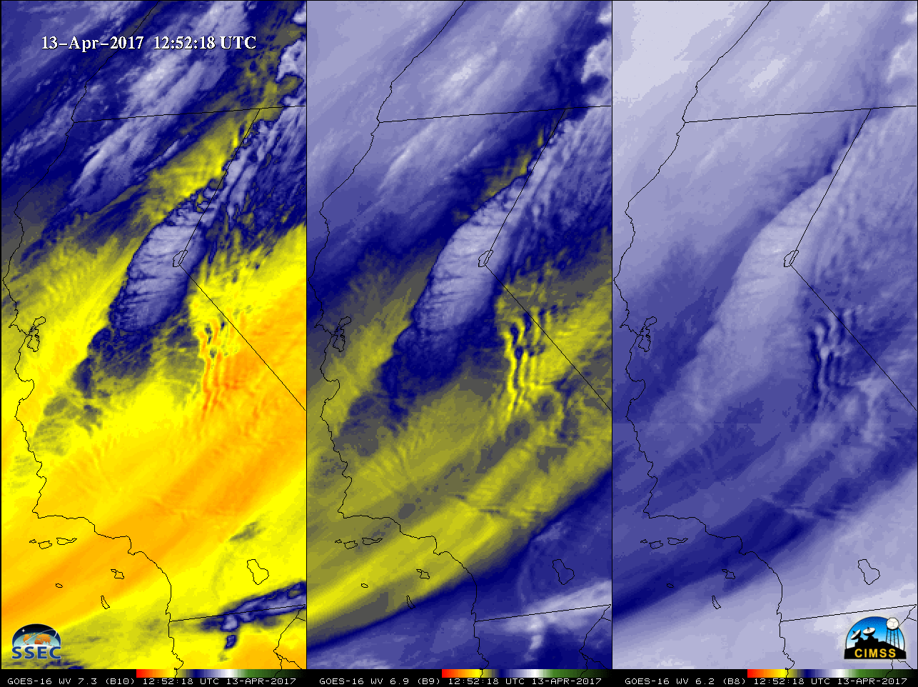 GOES-16 7.3 µm (left), 6.9 µm (center) and 6.2 µm (right) Water Vapor images [click to play animation]