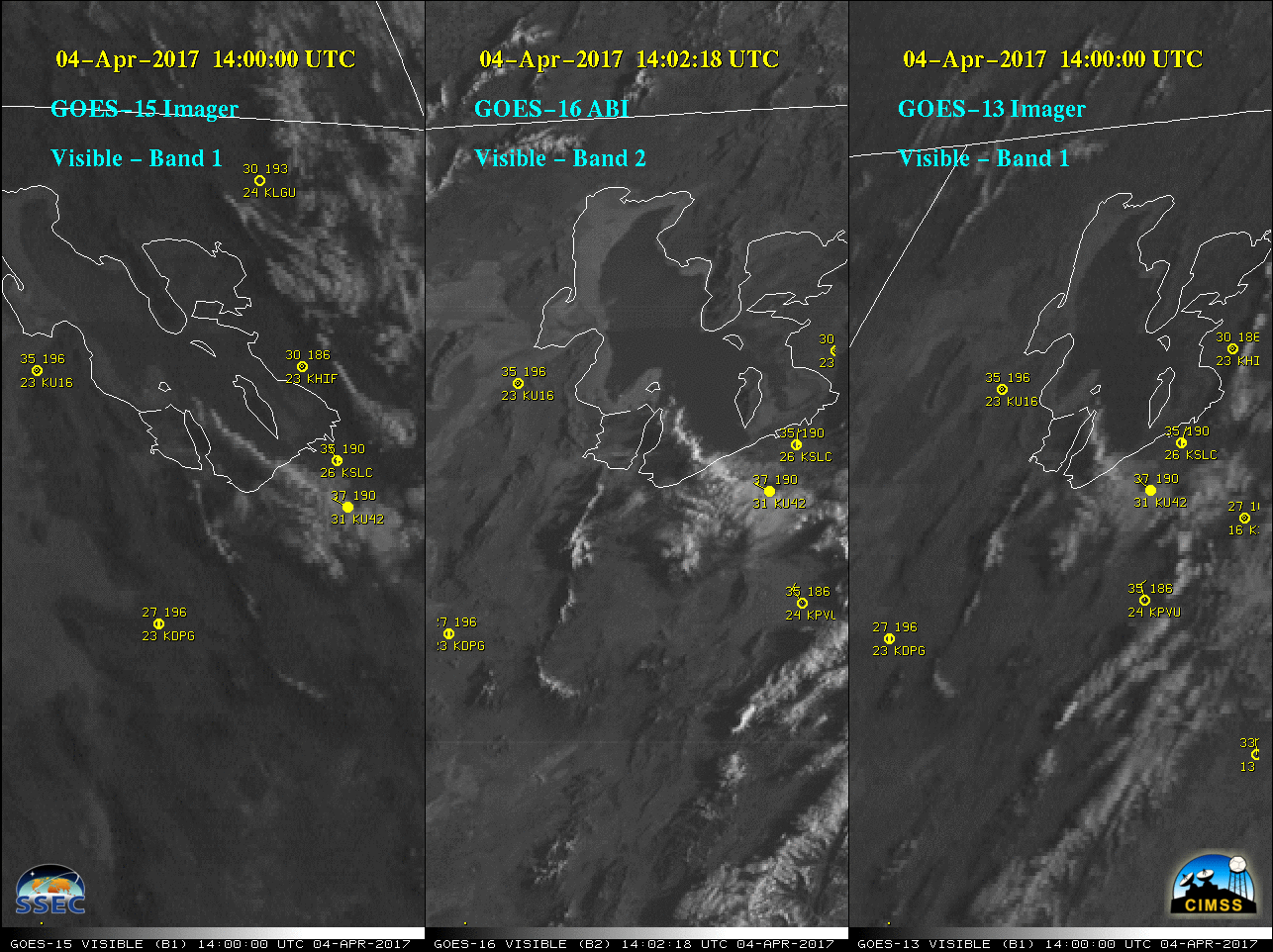 Visible images from GOES-15 (0.63 µm, left), GOES-16 (0.64 µm, center) and GOES-13 (0.63 µm, right), with hourly surface reports plotted in yellow [click to play animation]