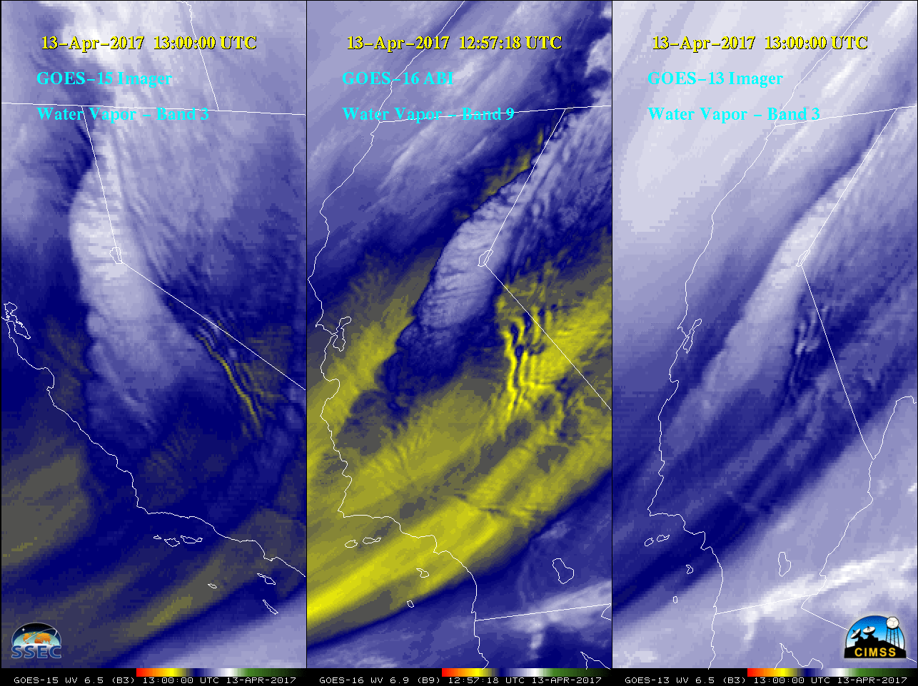 OES-15 (6.5 µm, left), GOES-16 (6.9 µm, center) and GOES-13 (6.5 µm, right) Water Vapor images [click to play animation]