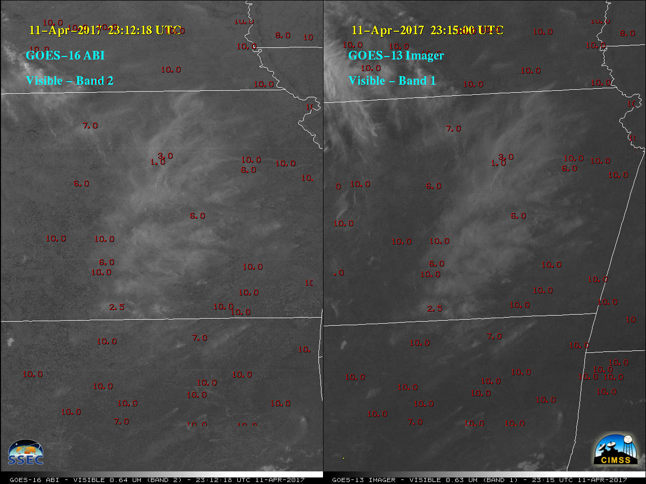GOES-16 Visible (0.64 µm, left) and GOES-13 Visible (0.63 µm, right) images, with hourly reports of surface visibility (statute miles, red) [click to play animation]