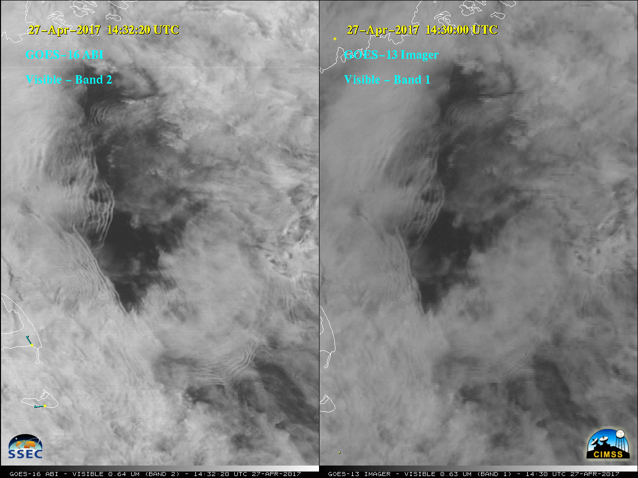 GOES-16 Visible (0.64 µm, left) and GOES-13 Visible (0.63 µm, right) images [click to play animation] 
