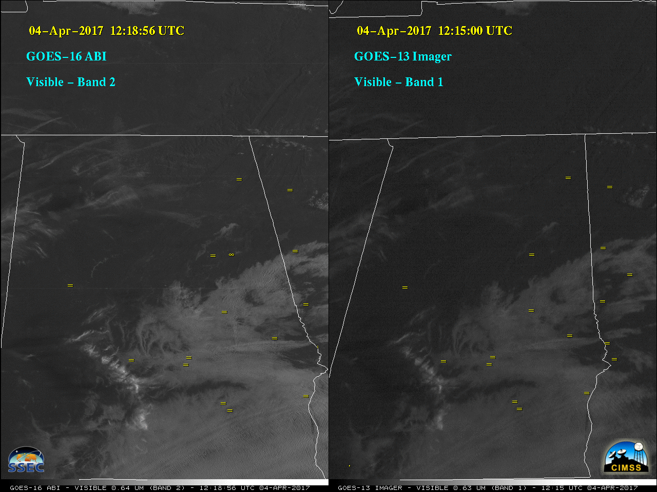GOES-16 0.64 µm Visible (left) and GOES-13 0.63 µm Visible (right) images, with surface reports of fog plotted in yellow [click to play animation] 