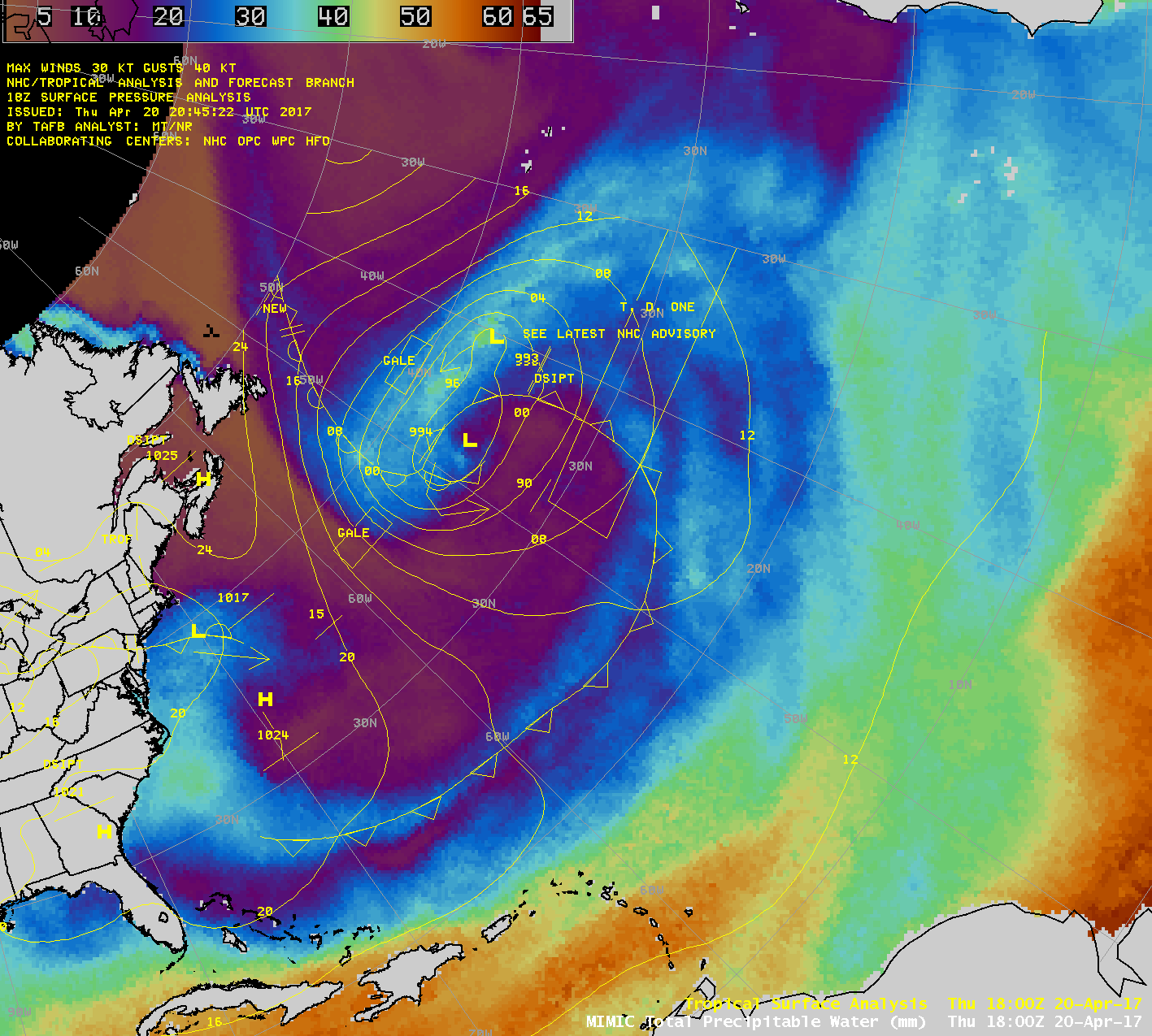 MIMIC Total Precipitable Water product, with surface analyses [click to play animation]