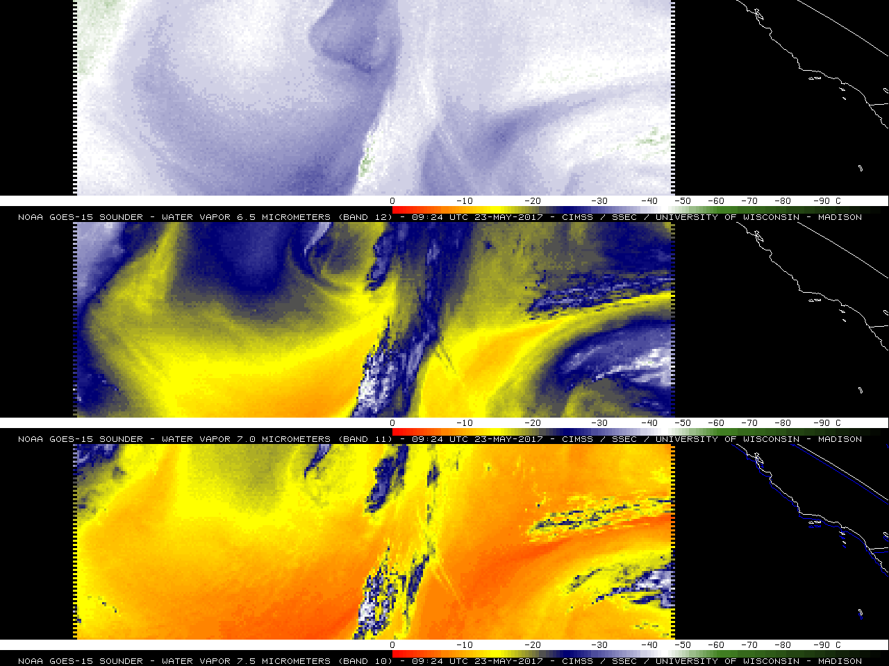 GOES-15 sounder Water Vapor (6.5 µm, top; 7.0 µm, middle; 7.5 µm, bottom) images [click to enlarge]