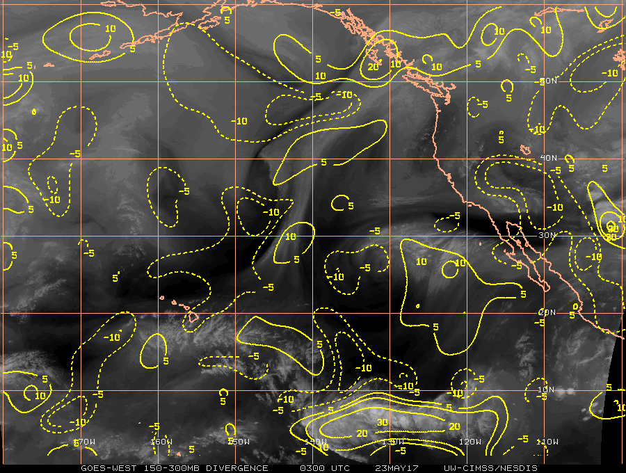 GOES-15 Water Vapor (6.5 µm) images, with contours of satellite wind derived upper-level divergence [click to enlarge]