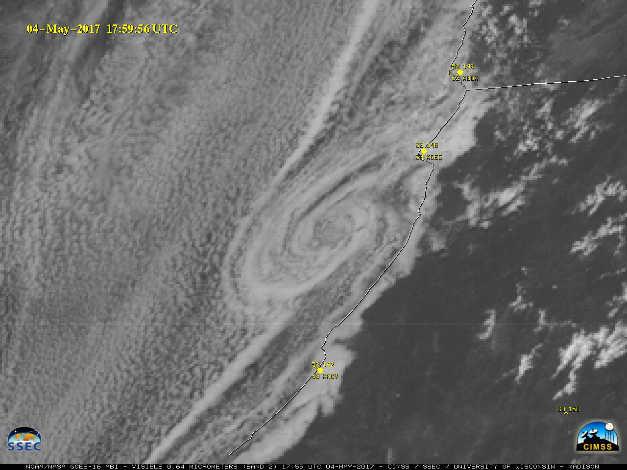 GOES-16 Visible (0.64 µm) images, with hourly surface reports plotted in yellow (Click to animate)