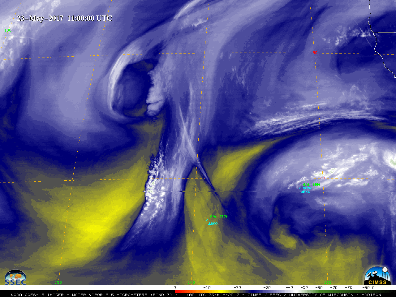 GOES-15 Water Vapor (6.5 µm) images, with pilot reports of turbulence [click to play animation]