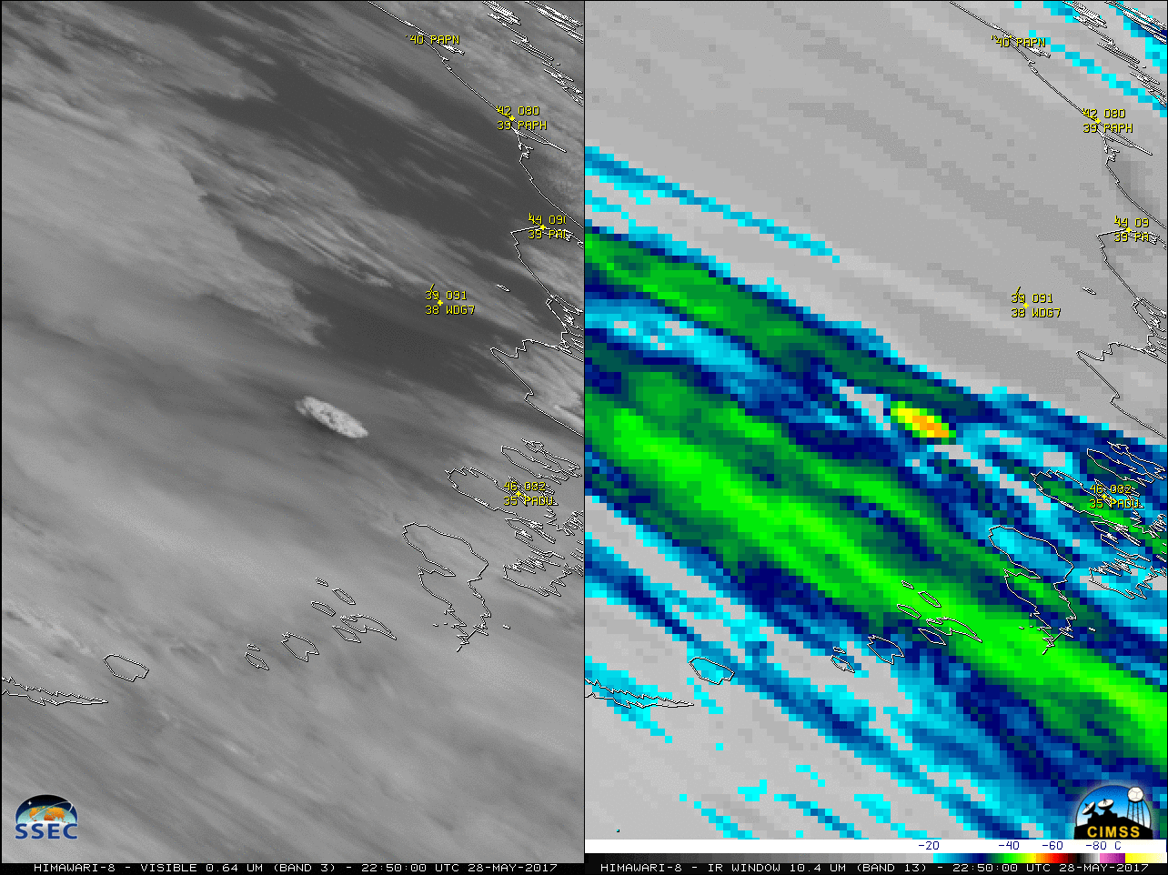 Himawari-8 Visible (0.64 µm, left) and Infrared Window (10.4 µm, right) images, with hourly surface and ship reports plotted in yellow [click to play animation]