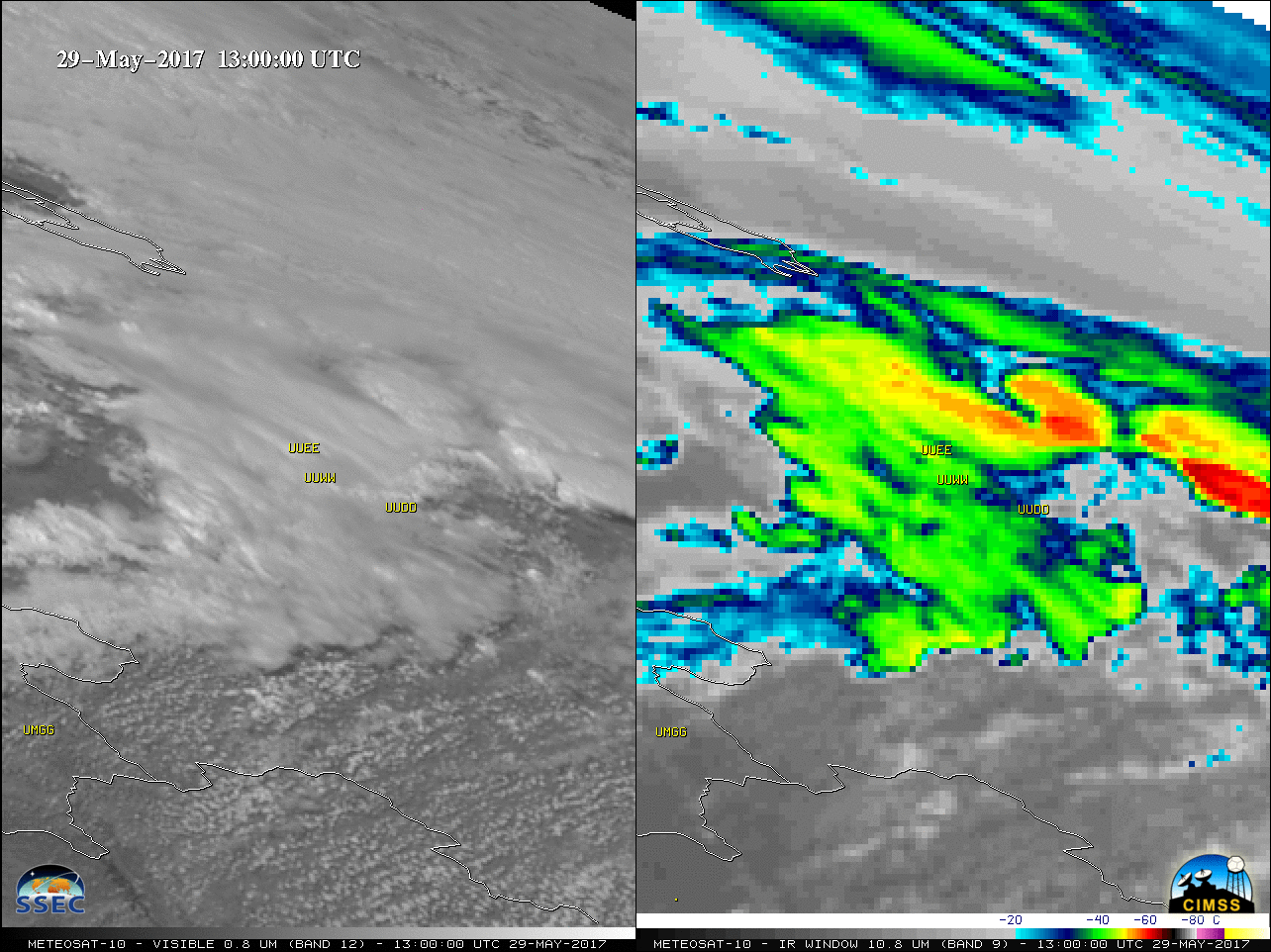 Meteosat-10 Visible (0.8 µm, left) and Infrared Window (10.8 µm, right) images [click to play animation]