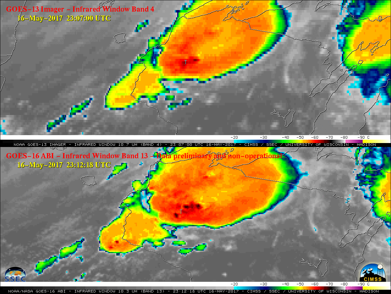 Infrared Window images from GOES-13 (10.7 µm, top) and GOES-16 (10.3 µm, bottom) , with SPC storm reports plotted in cyan [click to play animation]