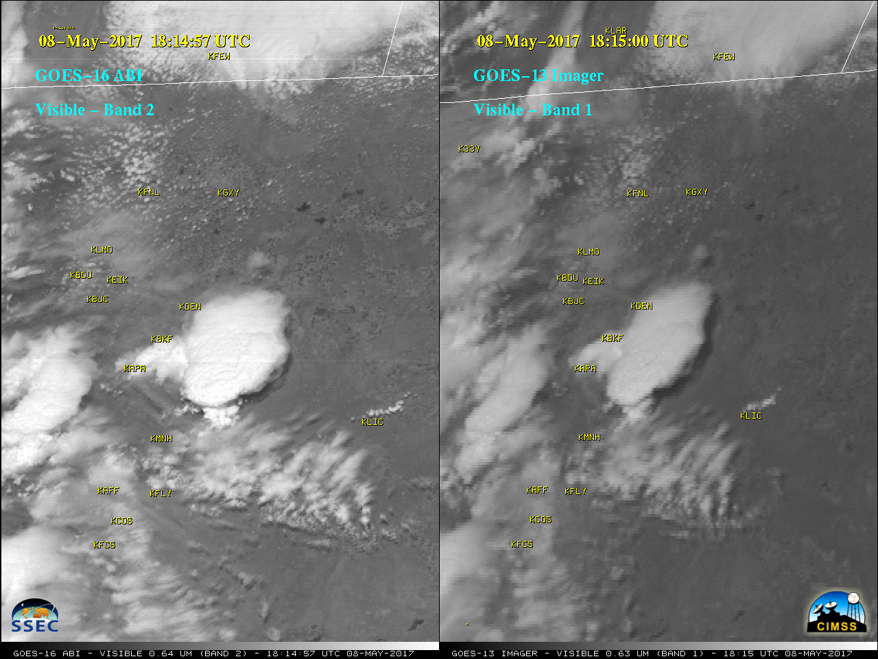 GOES-16 Visible (0.64 µm, left) and GOES-13 Visible (0.63 µm, right) images, with surface station identifiers in yellow [click to play animation | MP4]