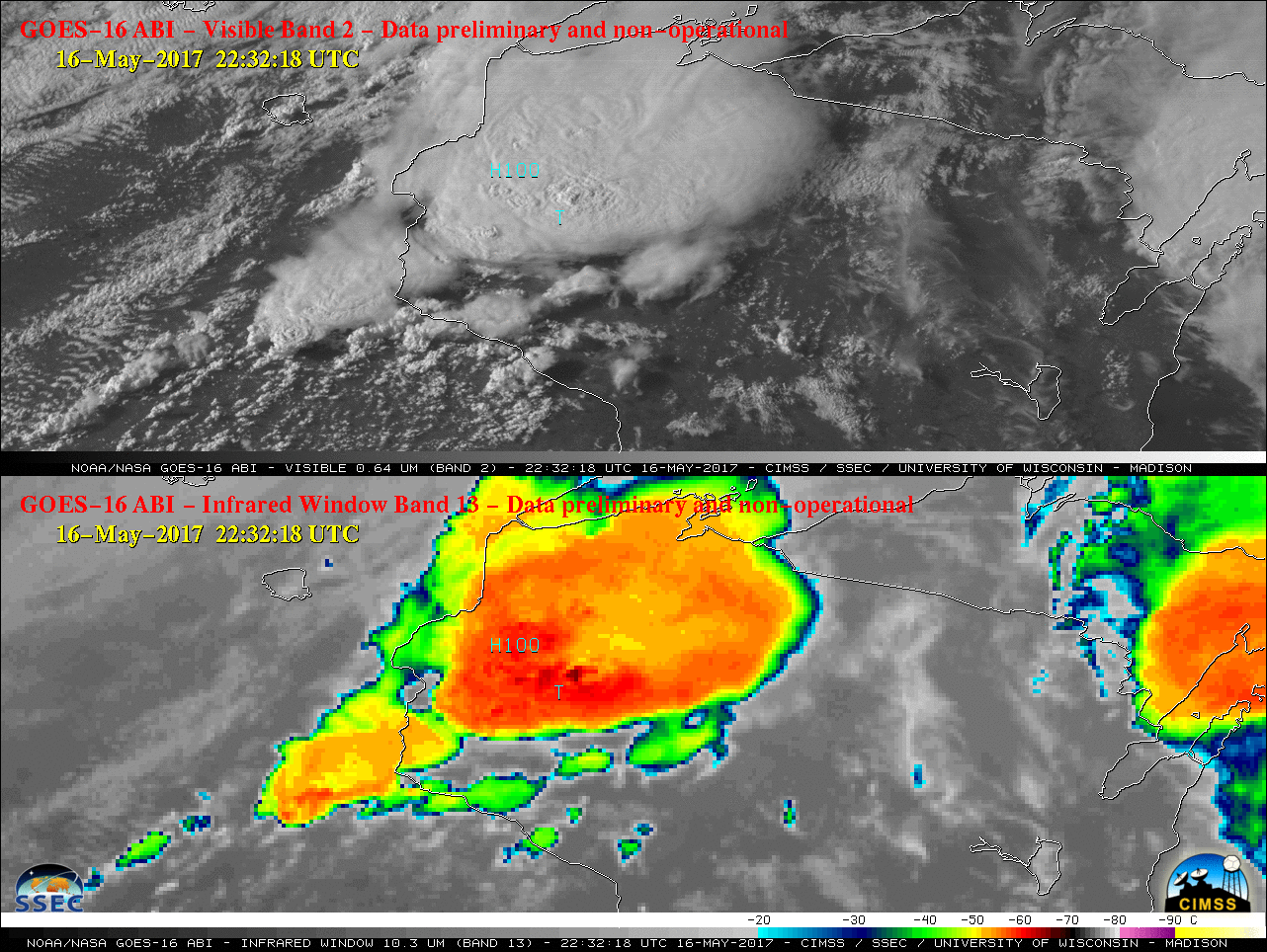 GOES-16 Visible (0.64 µm, top) and Infrared Window (10.3 µm, bottom) images, with SPC storm reports plotted in cyan [click to play animation]