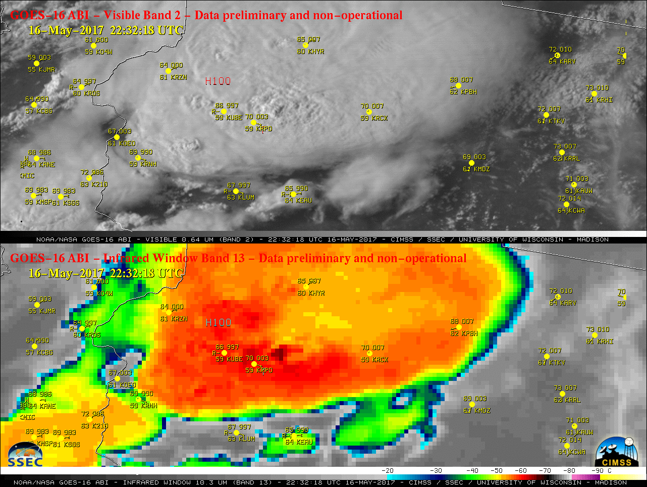 GOES-16 Visible (0.64 µm, top) and Infrared Window (10.3 µm, bottom) images, with plots of SPC storm reports and hourly surface reports [click to play animation]