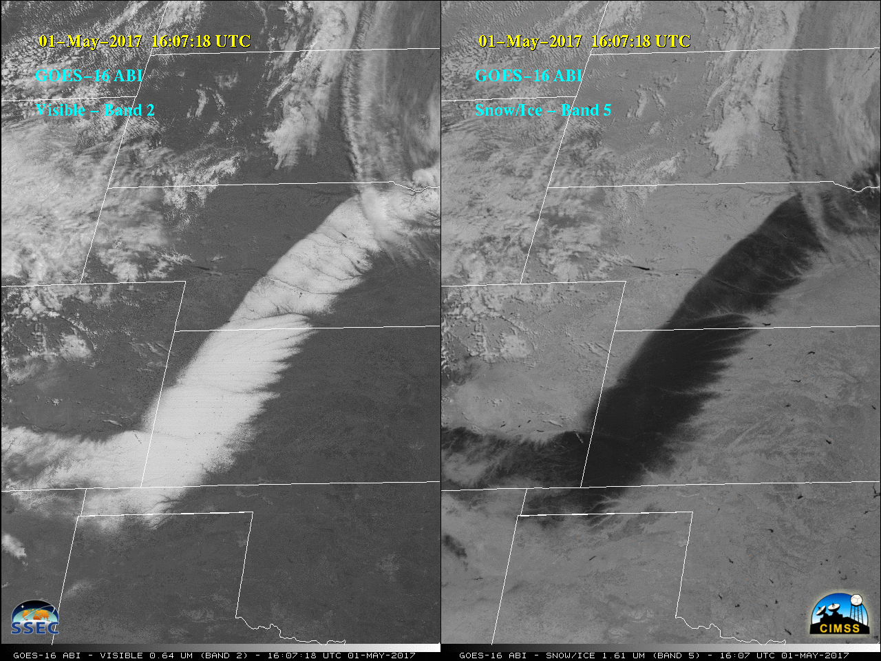 GOES-16 Visible (0.64 µm, left) and Snow/Ice (1.61 µm, right) images [click to animate]