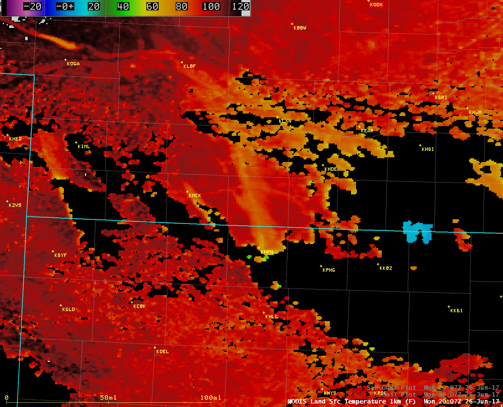 Aqua MODIS Land Surface Temperature product, Visible (0.65 µm), Infrared Window (11.0 µm) and Shortwave Infrared (3.7 µm) images [click to enlarge]