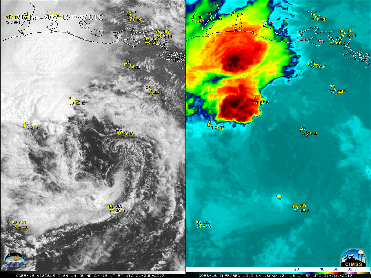 GOES-16 Visible (0.64 µm, left) and Infrared Window (10.3 µm, right) images, with hourly surface/buoy/ship reports plotted in yellow [click to play MP4 animation]