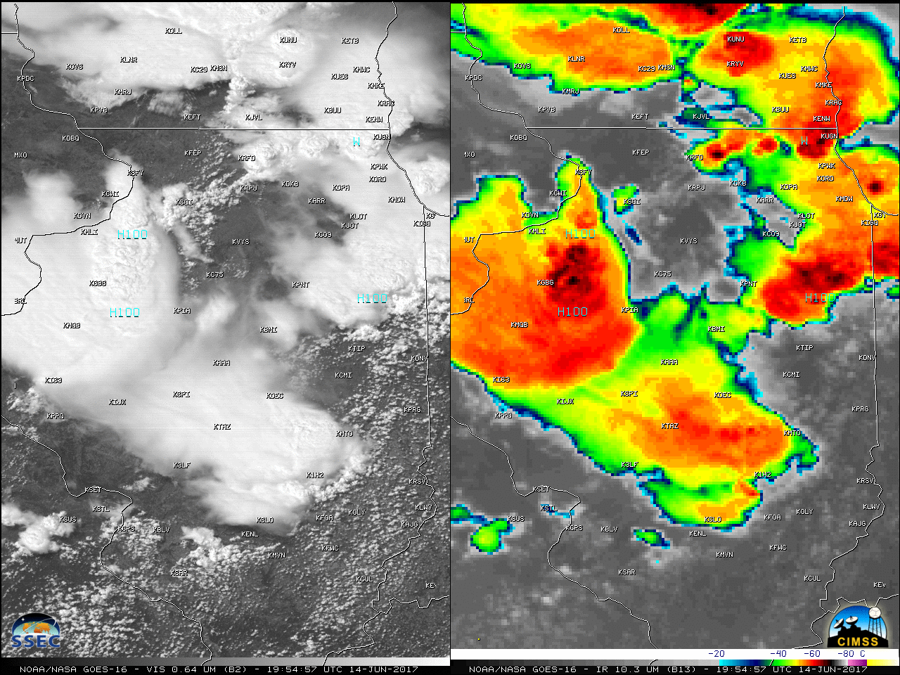 GOES-16 Visible (0.64 µm, left) and Infrared Window (10.3 µm, right) images, with station identifiers plotted in white and SPC storm reports plotted in cyan [click to play MP4 animation]