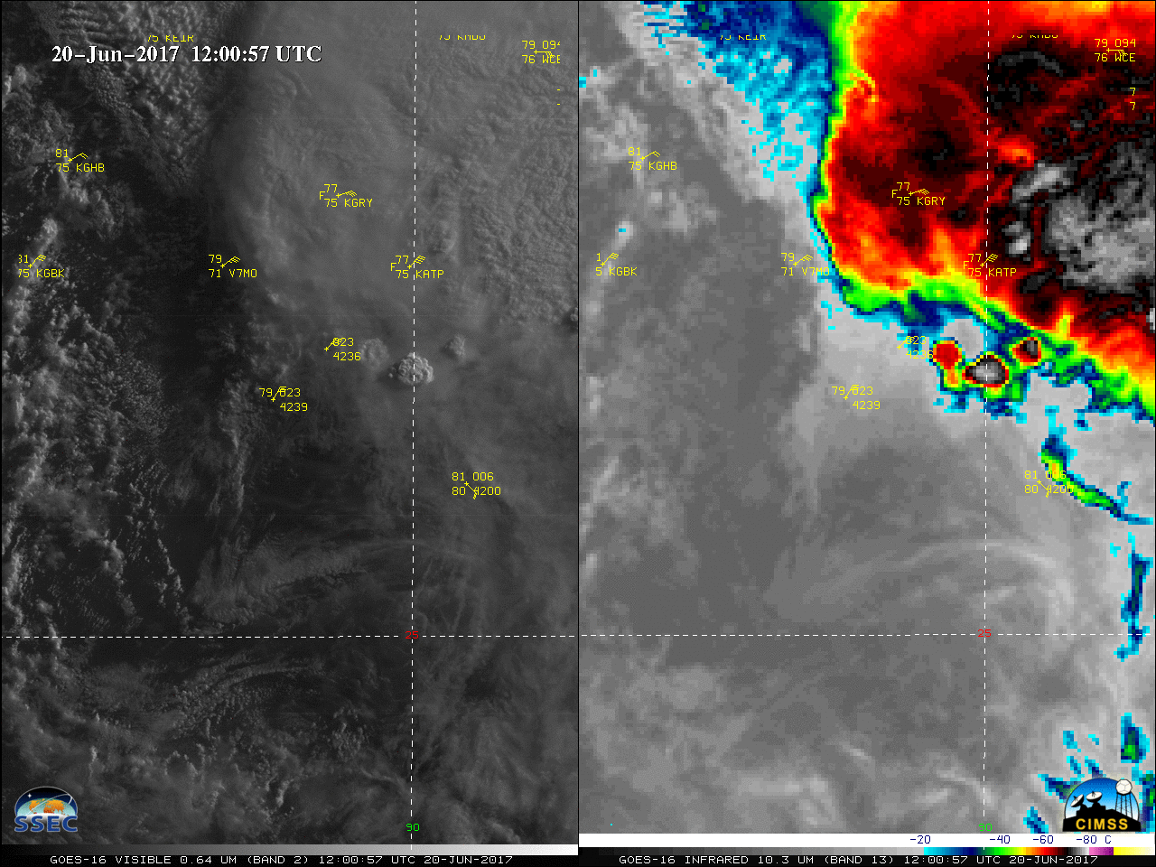 GOES-16 Visible (0.64 µm, left) and Infrared Window (10.3 µm, right) images, with hourly surface//ship/buoy reports plotted in yellow [click to play MP4 animation]
