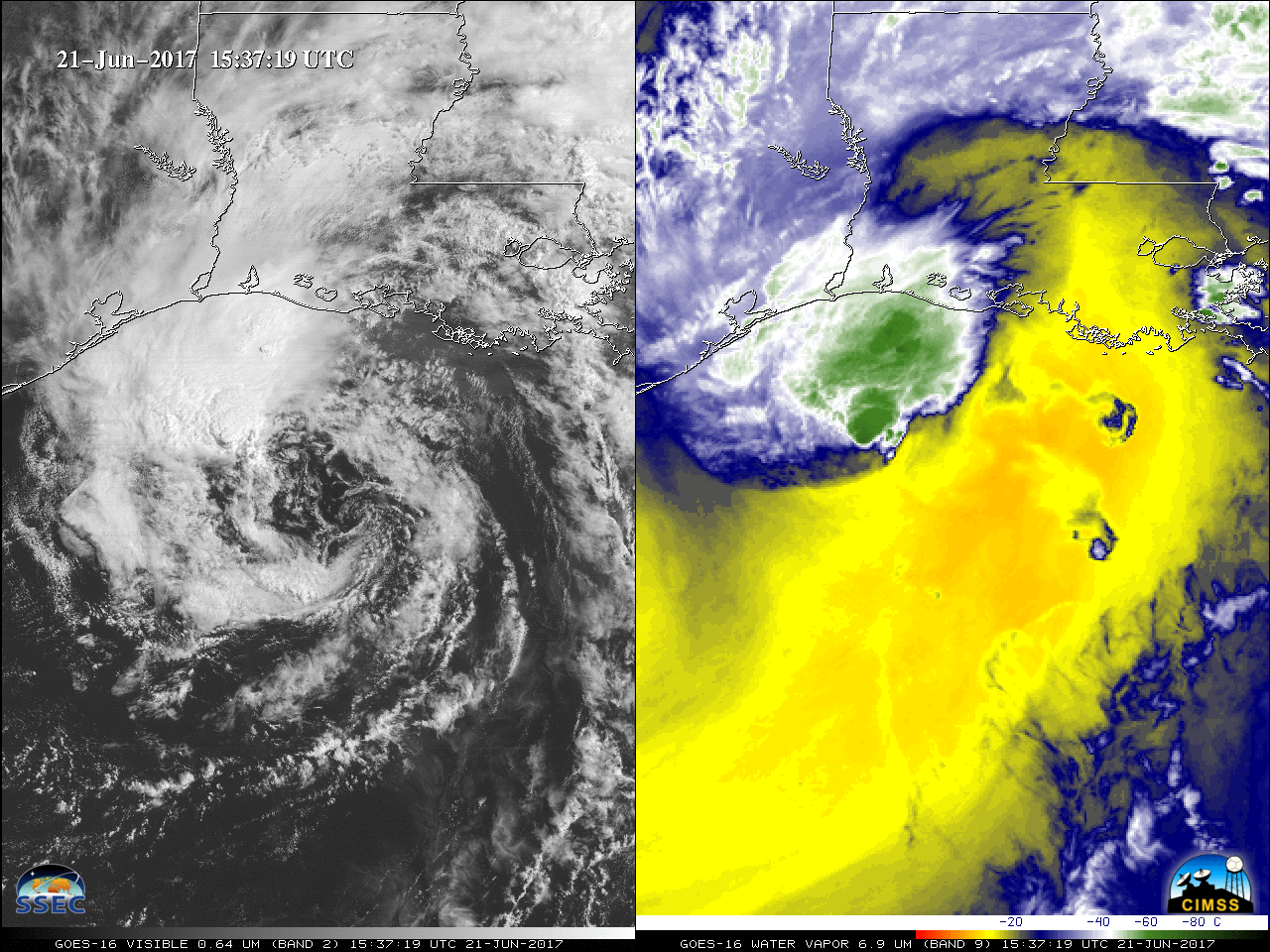 GOES-16 Visible (0.64 µm, left) and Water Vapor (6..9 µm, right) images [click to play MP4 animation]
