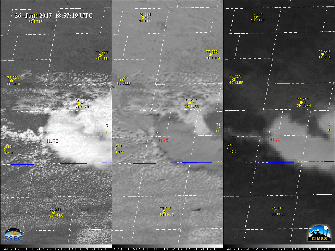 GOES-16 Visible (0.64 µm, left), Snow/Ice (1.61 µm, center) and Shortwave Infrared (3.9 µm, right) images, with hourly surface reports plotted in yellow and SPC storm reports of hail size plotted in red [click to play MP4 animation]