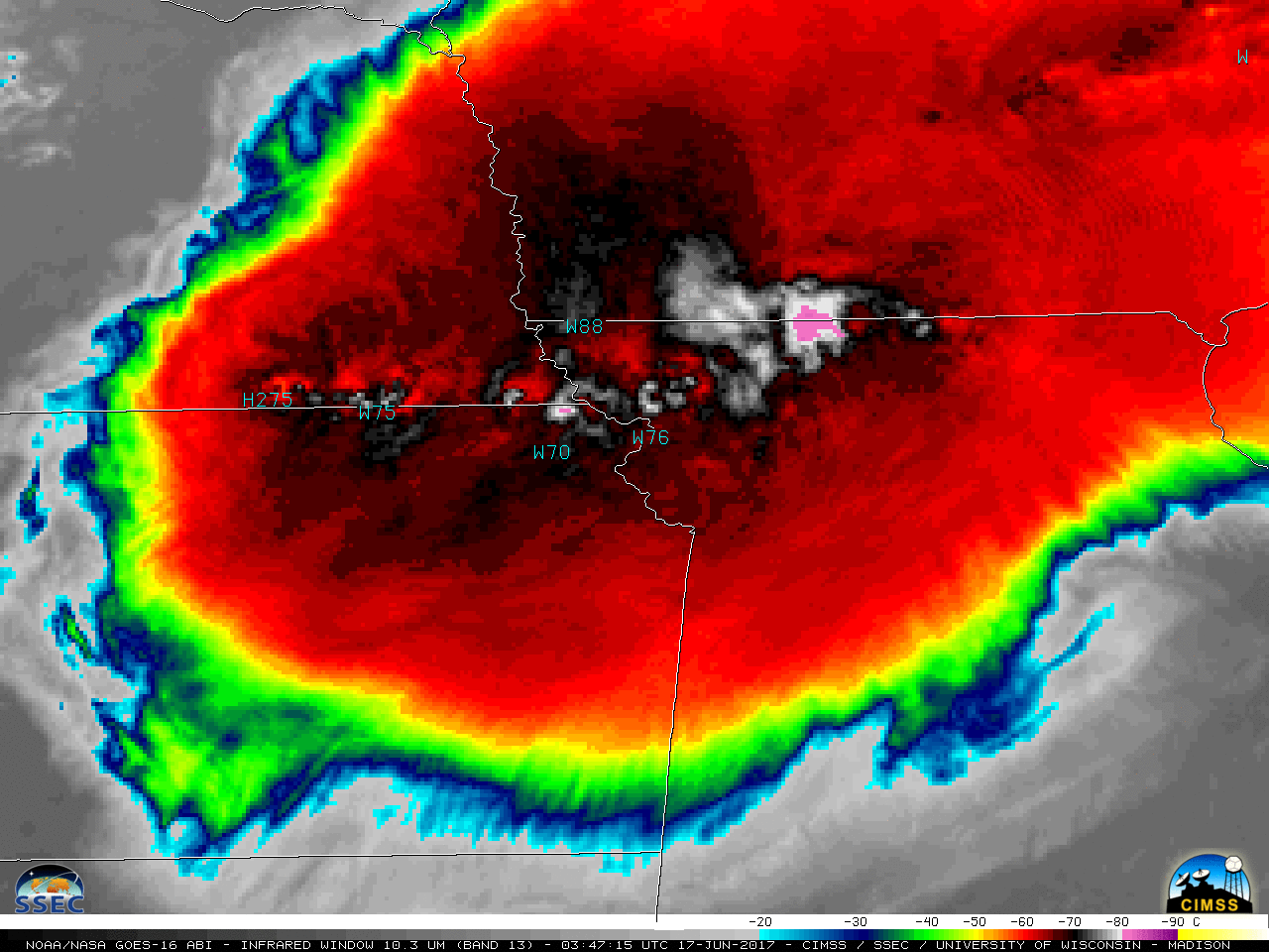 GOES-16 Infrared Window (10.3 µm) images, with plots of SPC storm reports [click to play MP4 animation]