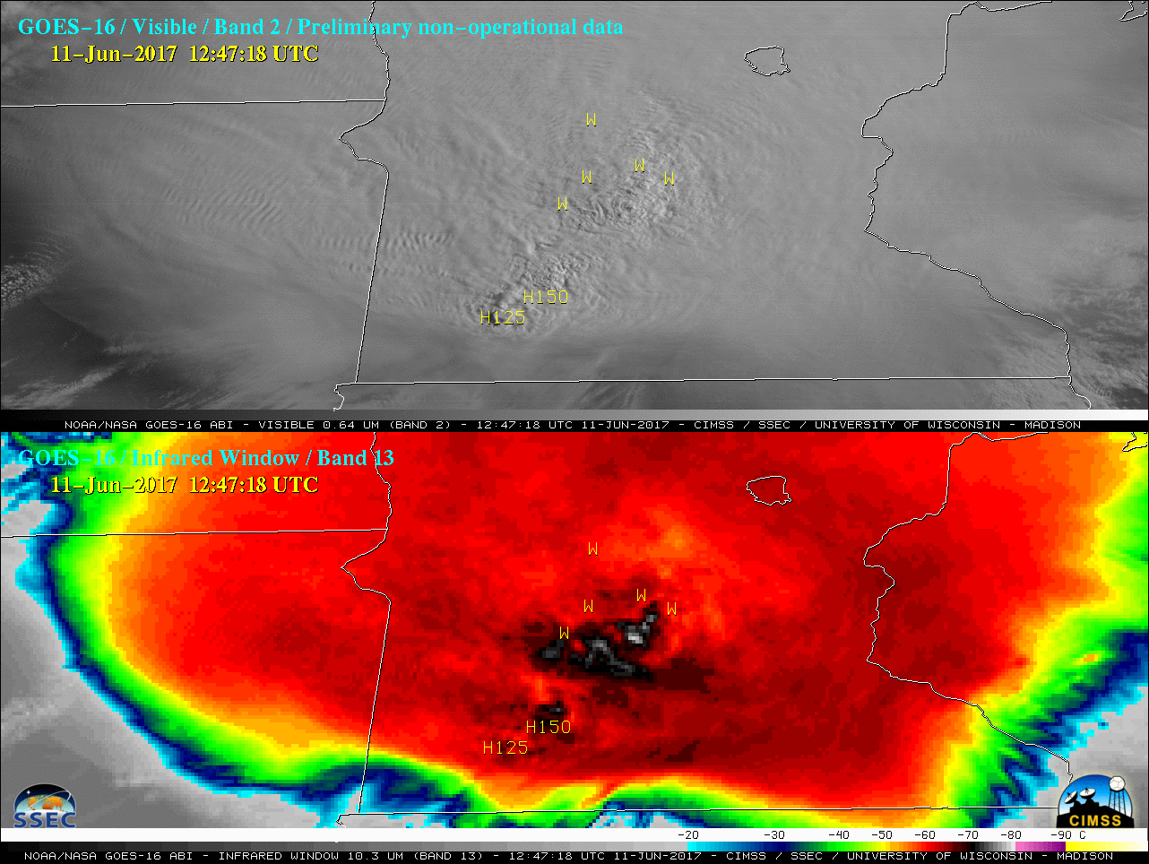 GOES-16 Visible (0.64 µm, top) and Infrared Window (10.3 µm, bottom), with SPC storm reports of hail and wind plotted in yellow [click to play animation]