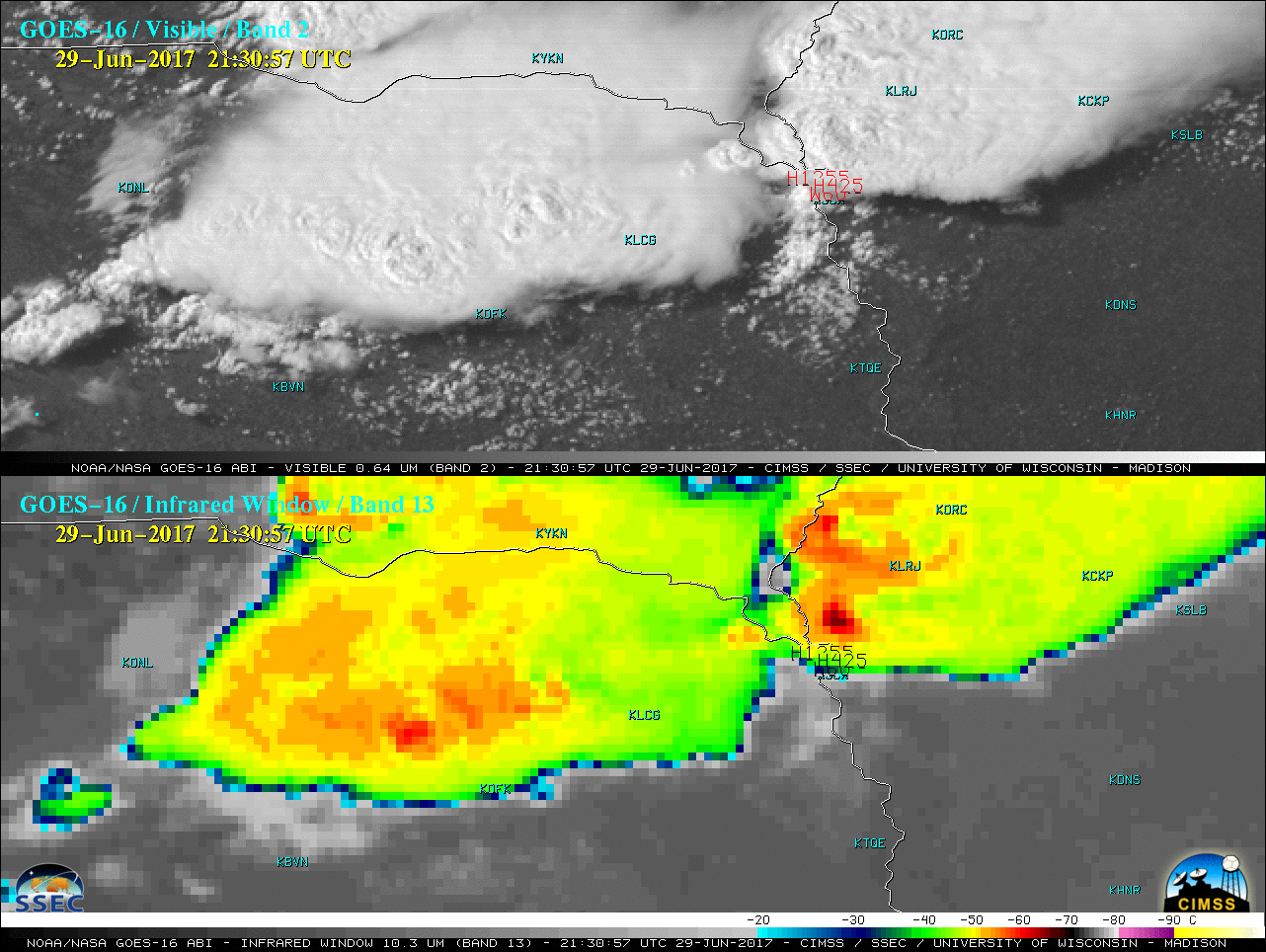 GOES-16 Visible (0.64 µm, top) and Infrared Window (10.3 µm, bottom) images, with SPC storm reports plotted in red (on Visible) and black (on Infrared) [Click to play MP4 animation]GOES-16 Visible (0.64 µm, top) and Infrared Window (10.3 µm, bottom) images, with SPC storm reports plotted in red (on Visible) and black (on Infrared) [Click to play MP4 animation]