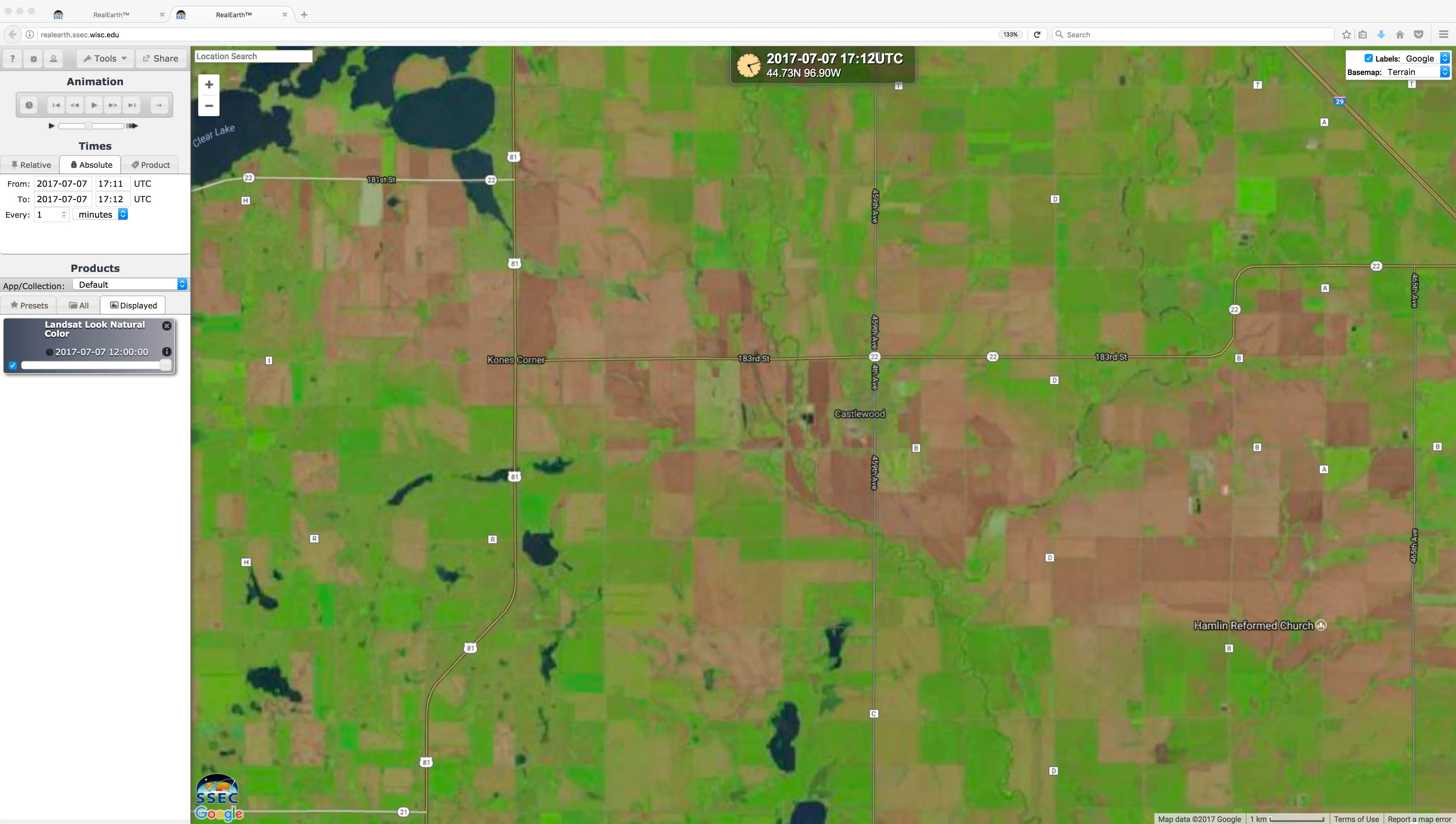 Landsat-8 false-color RGB image, zoomed in on Castlewood, South Dakota [click to enlarge] 