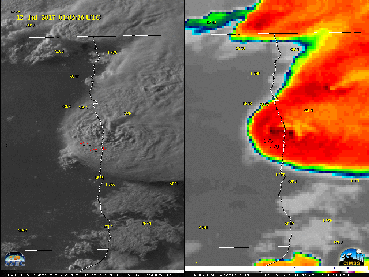 GOES-16 Visible (0.6 µm, left) and Infrared Window (10.3 µm, right) images, with SPC storm reports plotted in red (on Visible) and black (on Infrared) [click to play MP4 animation]