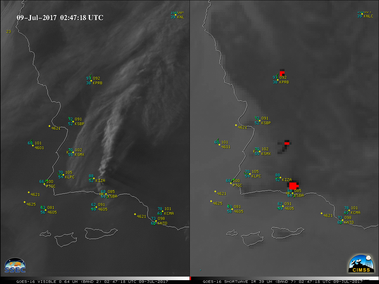 GOES-16 Visible (0.64 µm) and Shortwave Infrared (3.9 µm) images, with hourly surface plots [click to play MP4 animation]