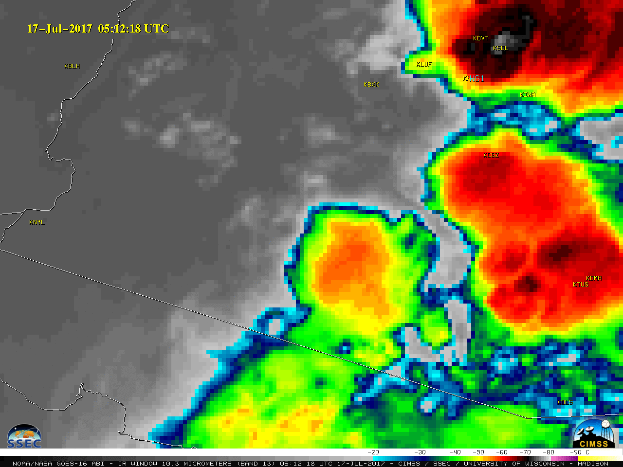 GOES-16 Infrared Window (10.3 µm) images, with station identifiers plotted in yellow and SPC storm reports plotted in cyan [click to play animation]
