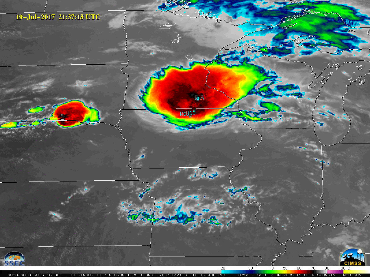 GOES-16 Infrared Window (10.3 µm) images, with SPC storm reports plotted in cyan [click to play MP4 animation] 