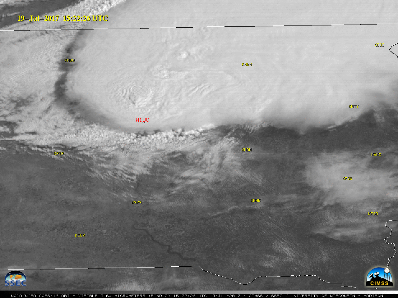 GOES-16 Visible (0.64 µm) images, with SPC storm reports plotted in red [click to play MP4 animation]