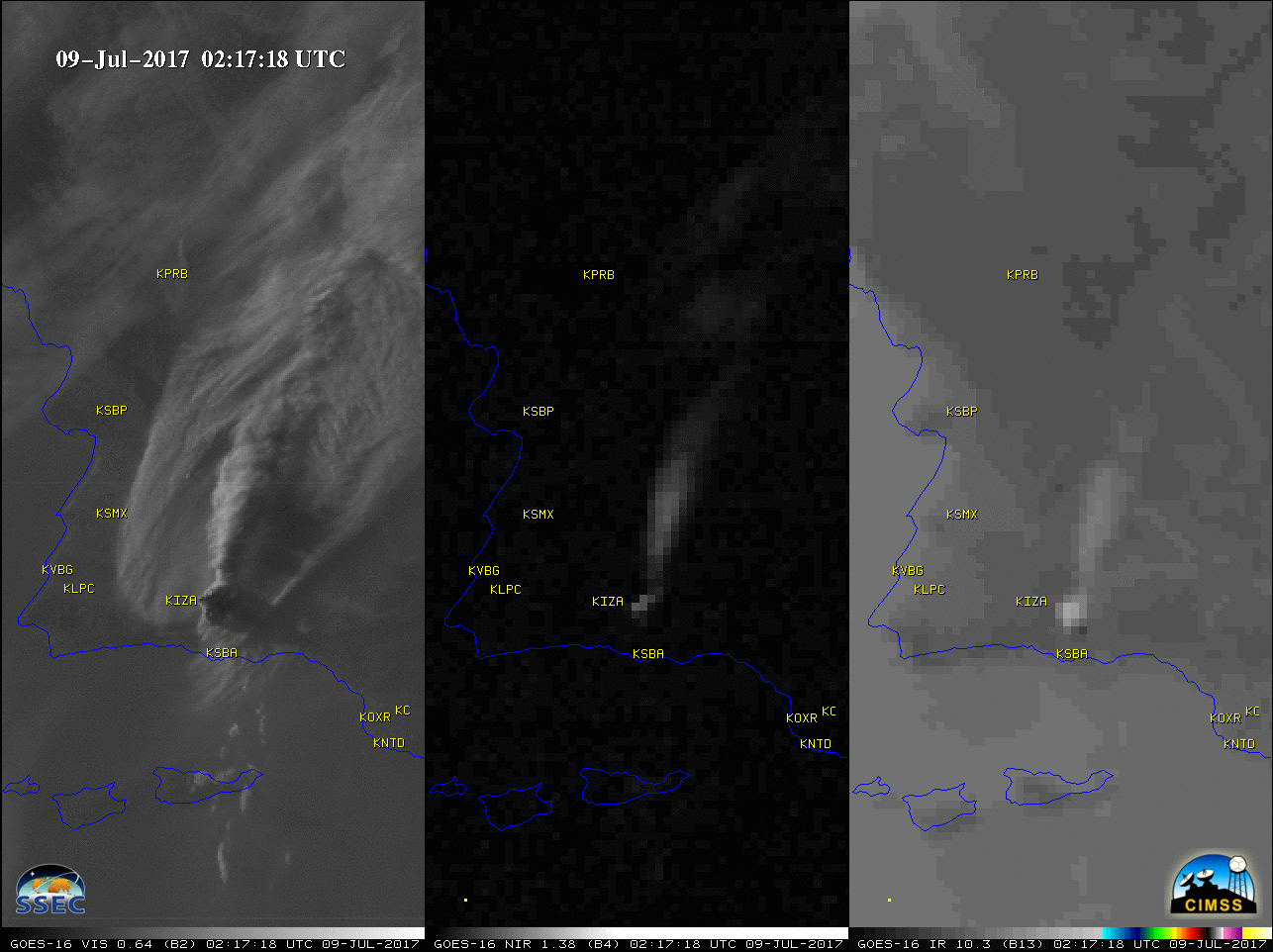 GOES-16 Visible (0.64 µm, left), Near-Infrared Cirrus (1.38 µm, center) and Infrared Window (10.3 µm, right) images, with station identifiers plotted in yellow [click to play MP4 animation]