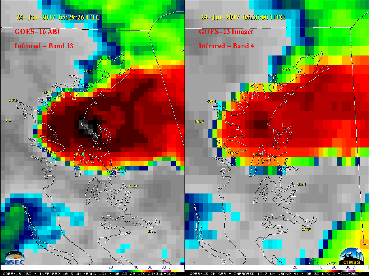 1-minute GOES-16 (10.3 µm, left) vs 15-minute GOES-13 (10.7 µm, right) Infrared Window images [click to play MP4 animation]