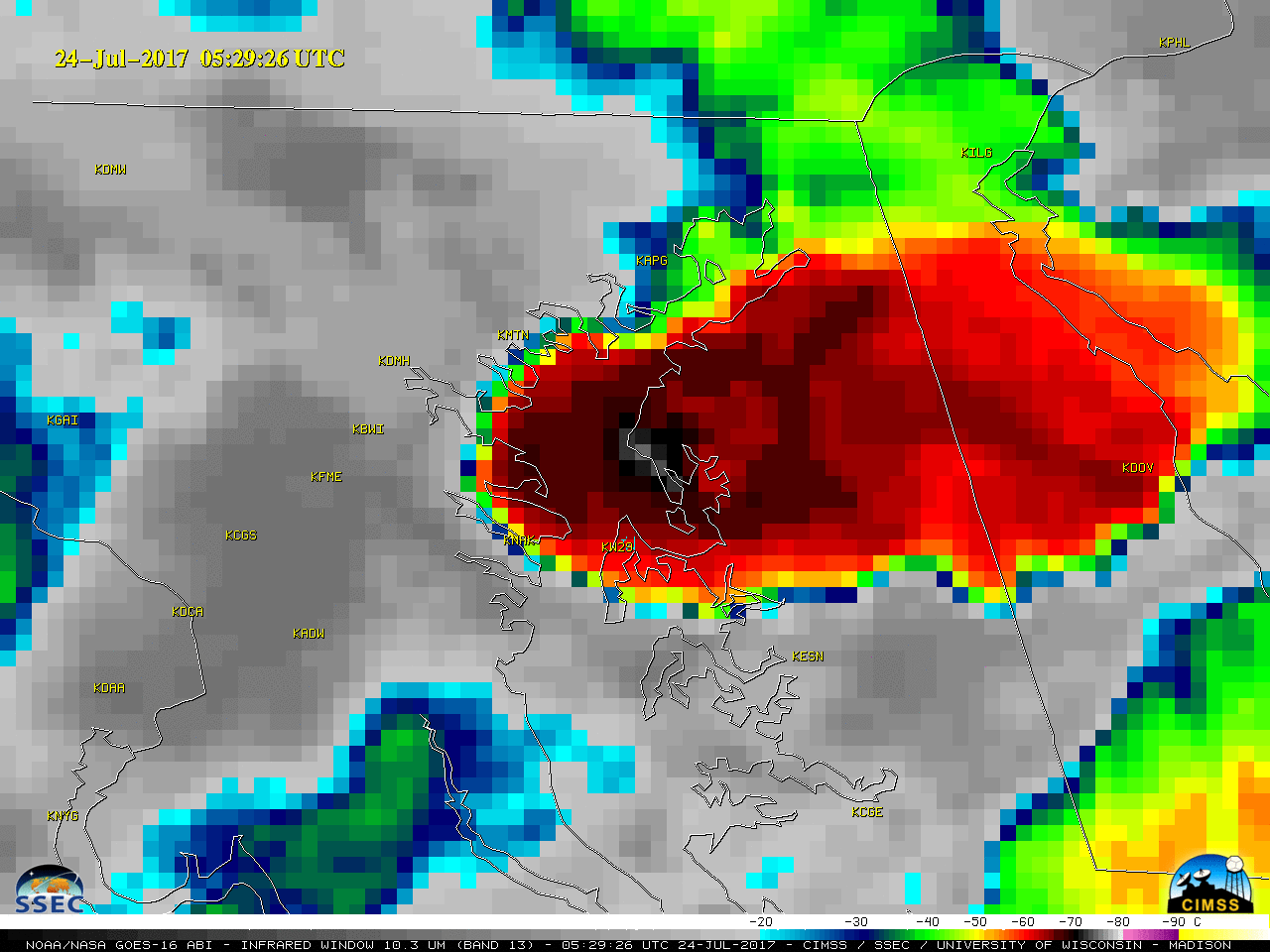 GOES-16 Infrared Window (10.3 µm) images, with surface station identifiers plotted in yellow [click to play MP4 animation]