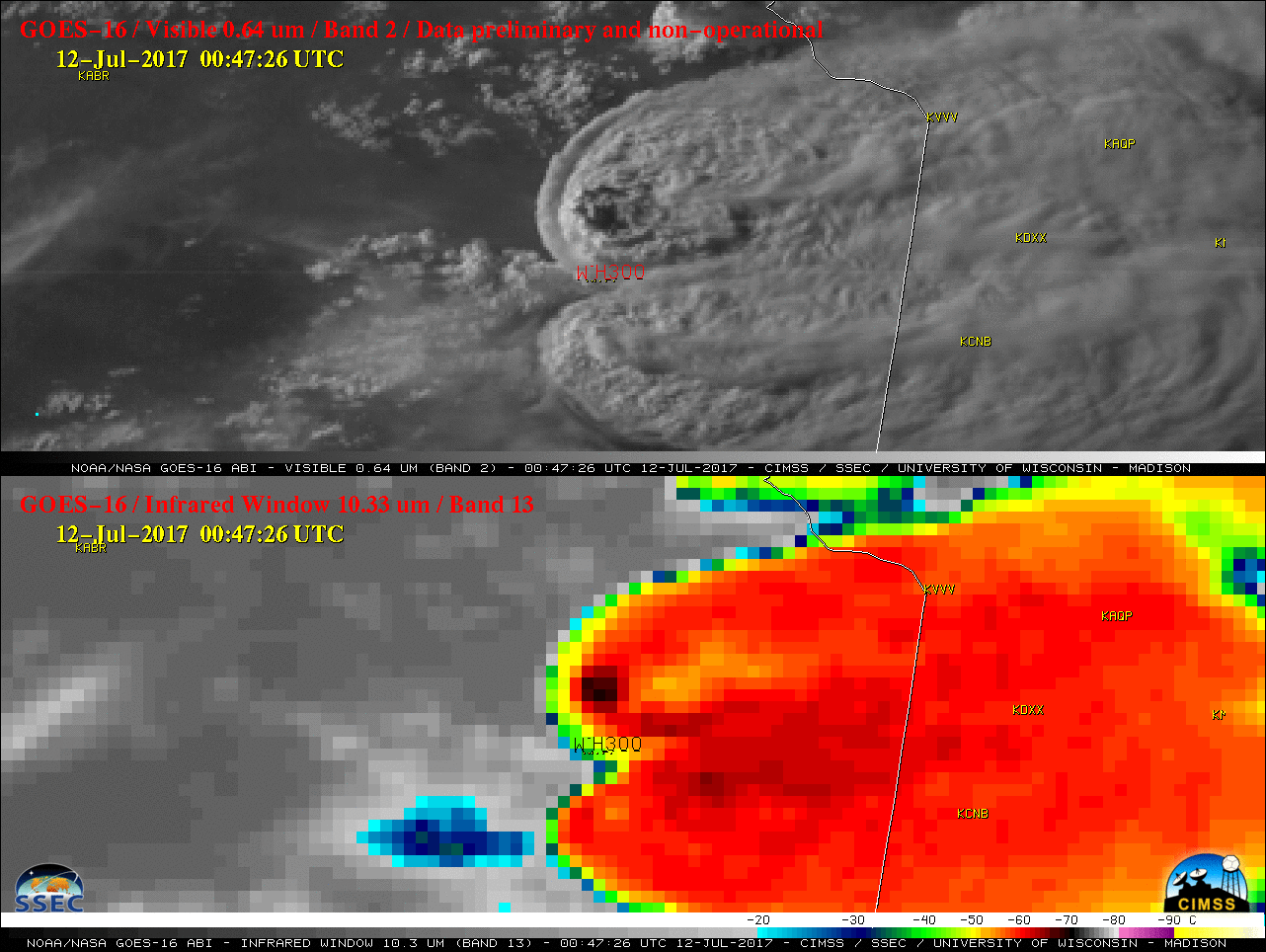 GOES-16 Visible (0.64 µm, top) and Infrared Window (10.3 µm, bottom) images, with SPC storm reports plotted in red (on Visible) and black (on Infrared) [click to play MP4 animation]