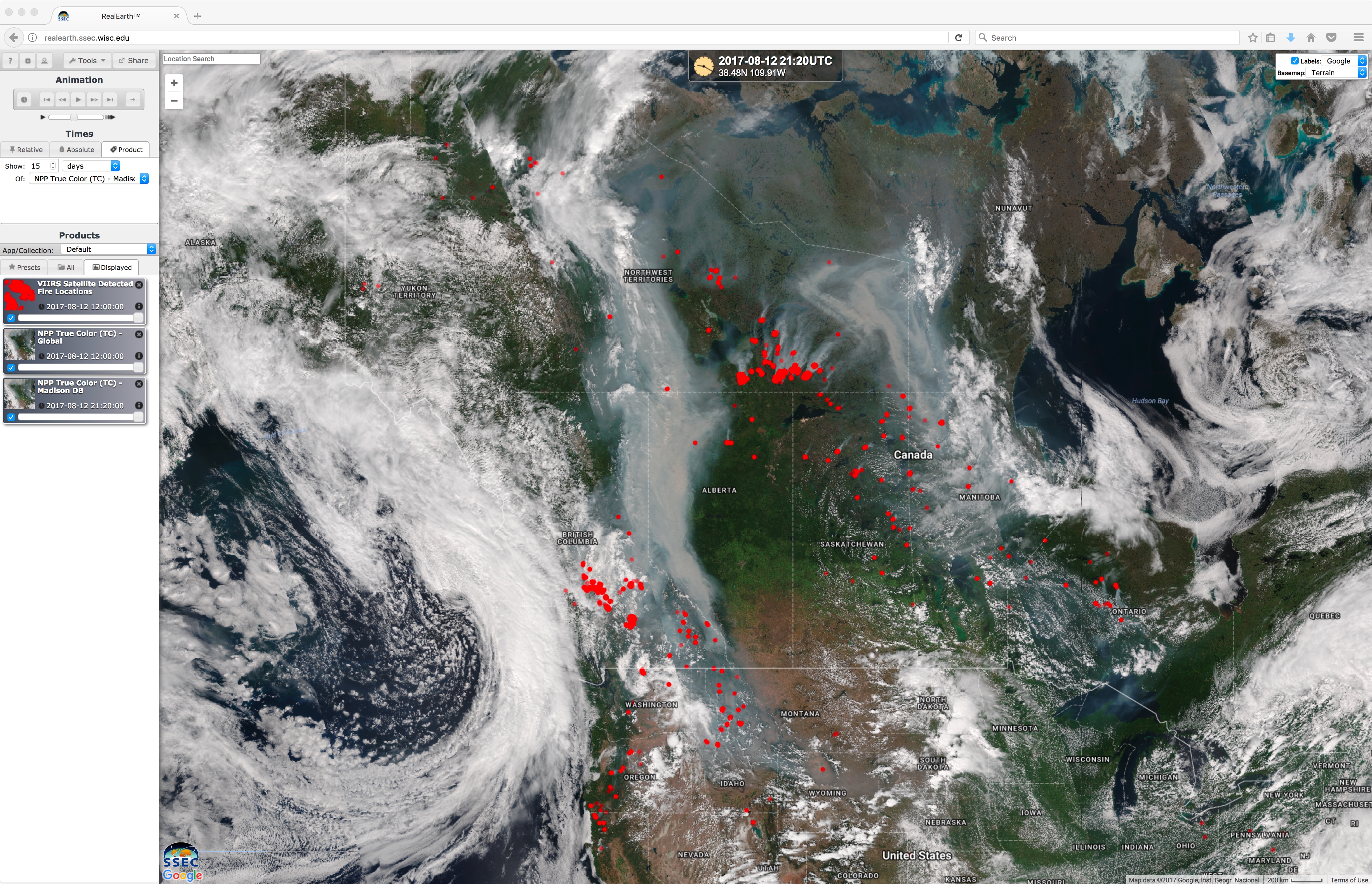 Suomi NPP VIIRS true-color image, with VIIRS-detected fire locations plotted in red [click to enlarge]