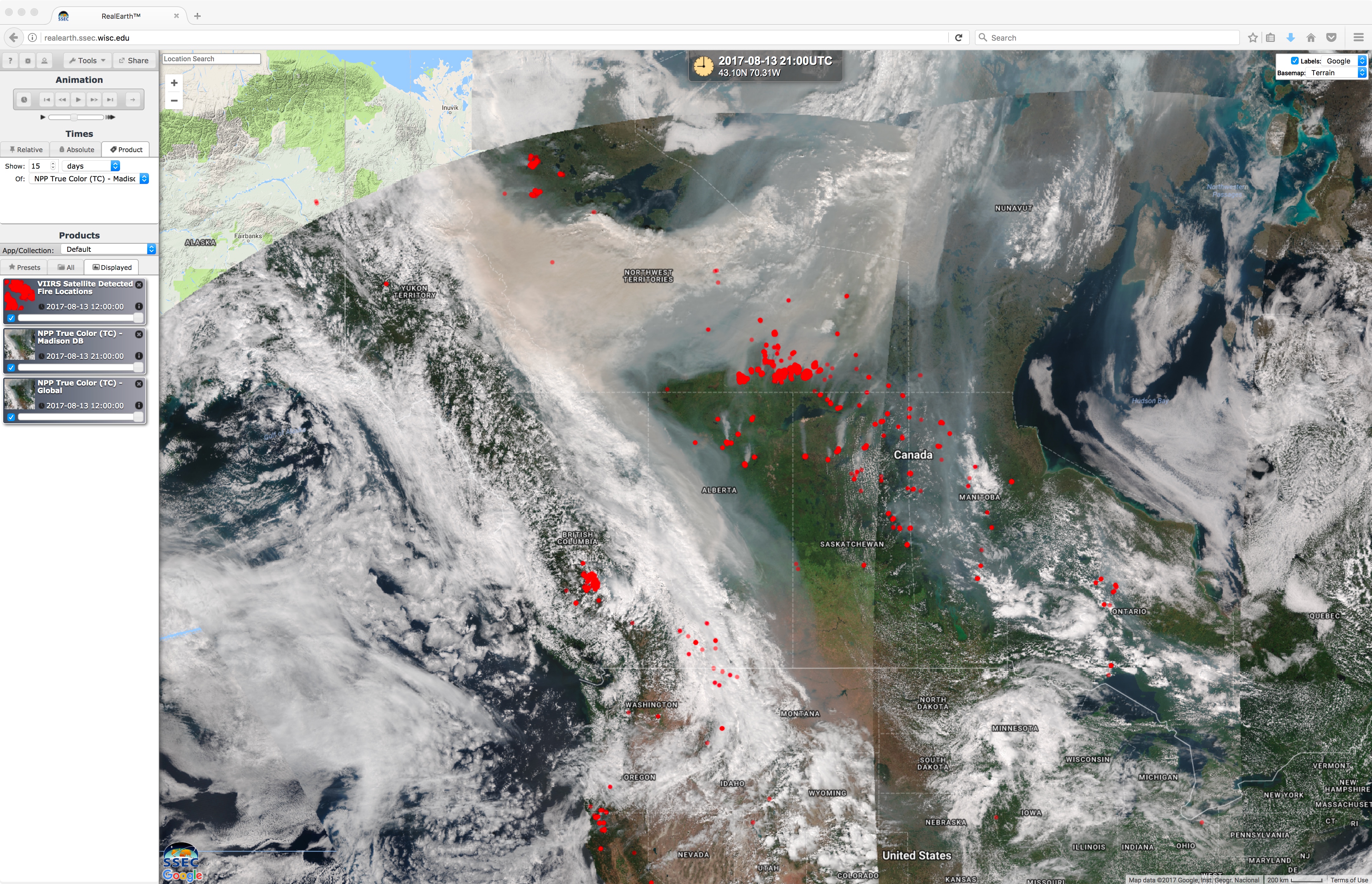 Daily Suomi NPP VIIRS true-color image composites (07-13 August), with VIIRS-detected fire locations plotted in red [click to play animation]