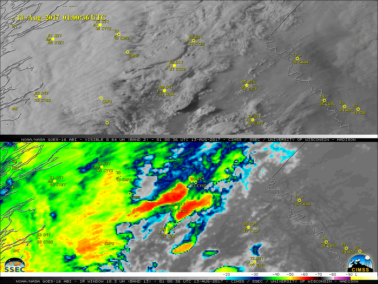 GOES-16 Visible (0.64 µm) and Infrared Window (10.3 µm) images, with hourly surface reports plotted in yellow [click to play animation]