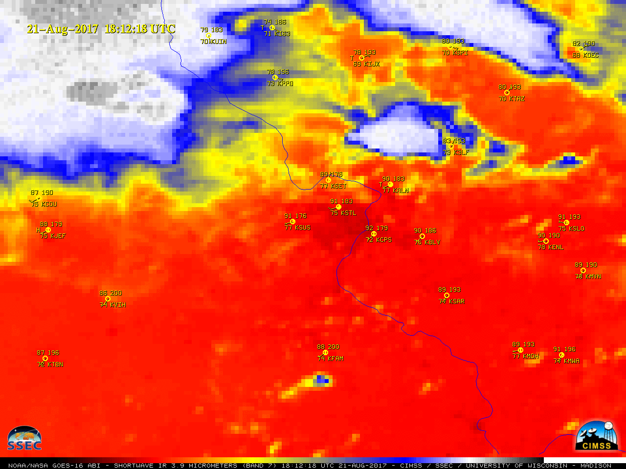 GOES-16 Shortwave Infrared (3.9 µm) images, with hourly surface reports plotted in yellow [click to play animation]