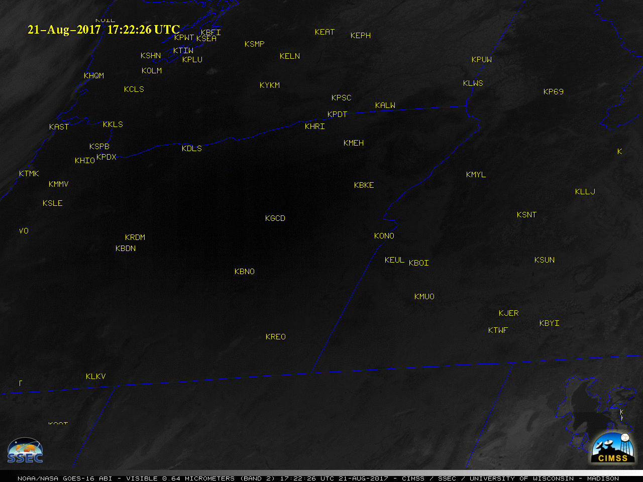 GOES-16 "Red" Visible (0.64 µm) images, with station identifiers plotted in yellow [click to play animation]