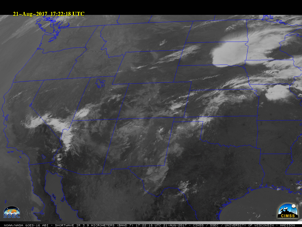 GOES-16 Shortwave Infrared (3.9 µm) images [click to play animation]