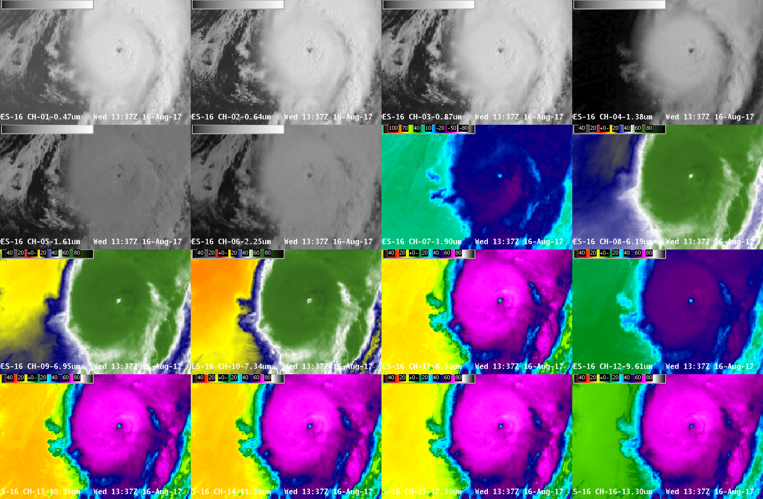 GOES-16 imagery (all 16 ABI Bands) from 1117-1337 UTC, 16 August 2017 [click to play animation]