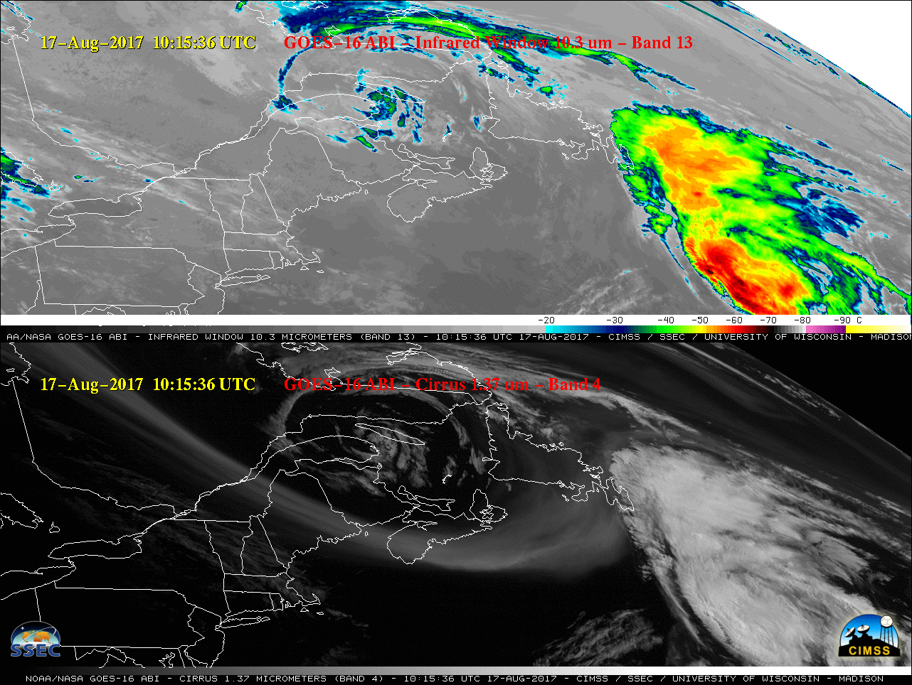 GOES-16 Infrared Window (10.3 µm, top) and Cirrus (1.37 µm, bottom) images [click to play MP4 animation]