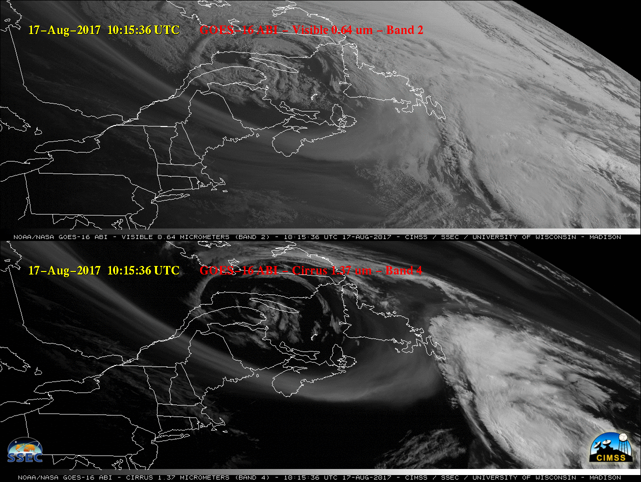GOES-16 Visible (0.64 µm, top) and Cirrus (1.37 µm, bottom) images [click to play MP4 animation]