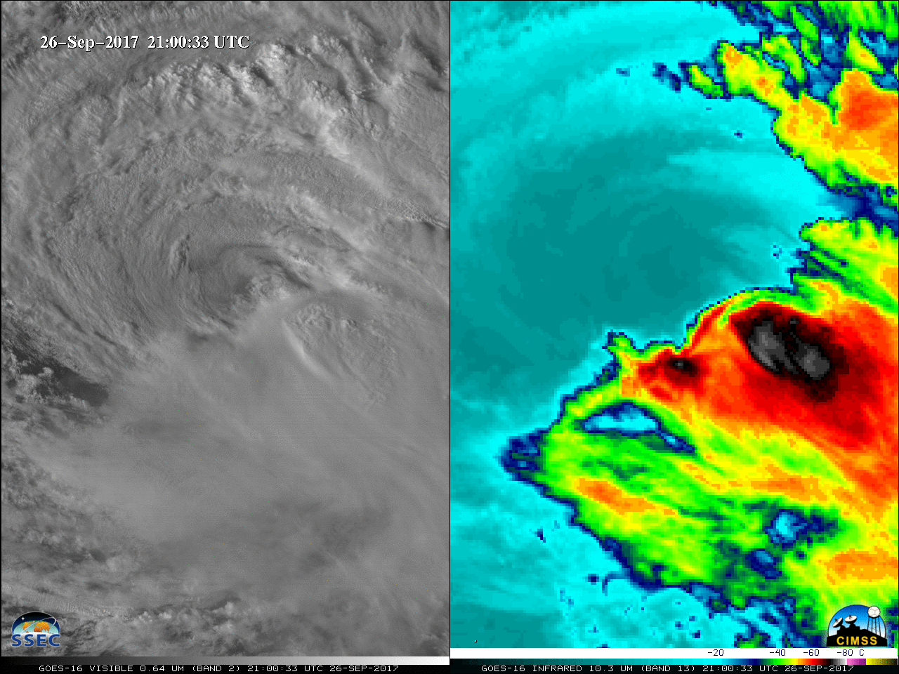 GOES-16 Visible (0.64 µm, left) and Infrared Window (10.3 µm, right) images [click to play MP4 animation]