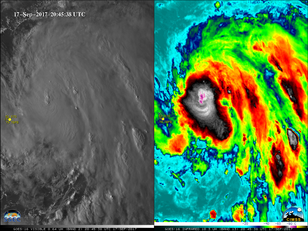 GOES-16 Visible (0.64 µm, left) and Infrared Window (10.3 µm, right) images [click to animate]